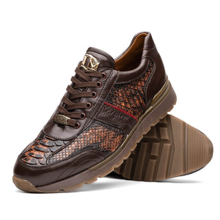 Marco Di Milano Brescia Men's Shoes Washed Cognac Genuine Snake Skin / Calf-Skin Leather Sneakers (MDM1124)-AmbrogioShoes