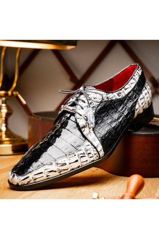 Marco Di Milano Caribe Black & Newspaper Genuine Hornback Caiman Crocodile Derby (MDM1118)-AmbrogioShoes