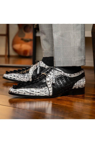 Marco Di Milano Caribe Black & Newspaper Genuine Hornback Caiman Crocodile Derby (MDM1118)-AmbrogioShoes