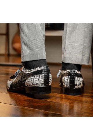 Marco Di Milano Caribe Black & Newspaper Genuine Hornback Caiman Crocodile Derby (MDM1118)-AmbrogioShoes
