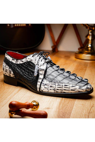 Marco Di Milano Caribe Black & Newspaper Genuine Hornback Caiman Crocodile Derby (MDM1118)-AmbrogioShoes