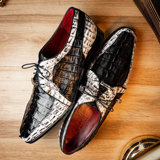 Marco Di Milano Caribe Men's Shoes Black & Newspaper Genuine Hornback Caiman Crocodile Derby (MDM1118)-AmbrogioShoes