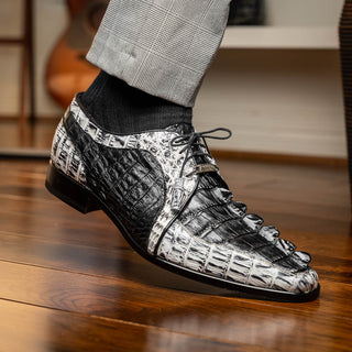 Marco Di Milano Caribe Men's Shoes Black & Newspaper Genuine Hornback Caiman Crocodile Derby (MDM1118)-AmbrogioShoes