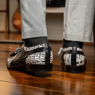 Marco Di Milano Caribe Men's Shoes Black & Newspaper Genuine Hornback Caiman Crocodile Derby (MDM1118)-AmbrogioShoes