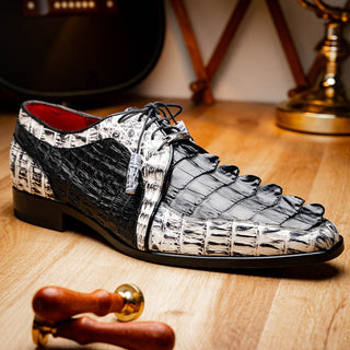 Marco Di Milano Caribe Men's Shoes Black & Newspaper Genuine Hornback Caiman Crocodile Derby (MDM1118)-AmbrogioShoes