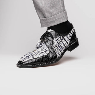 Marco Di Milano Caribe Men's Shoes Newspaper & Black Genuine Hornback Caiman Crocodile Derby (MDM1118)-AmbrogioShoes