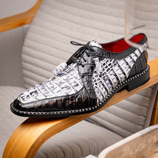 Marco Di Milano Caribe Men's Shoes Newspaper & Black Genuine Hornback Caiman Crocodile Derby (MDM1118)-AmbrogioShoes