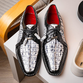 Marco Di Milano Caribe Men's Shoes Newspaper & Black Genuine Hornback Caiman Crocodile Derby (MDM1118)-AmbrogioShoes