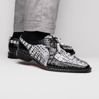 Marco Di Milano Caribe Men's Shoes Newspaper & Black Genuine Hornback Caiman Crocodile Derby (MDM1118)-AmbrogioShoes