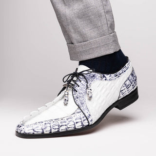 Marco Di Milano Caribe Men's Shoes White & Newspaper Genuine Hornback Caiman Crocodile Derby (MDM1118)-AmbrogioShoes