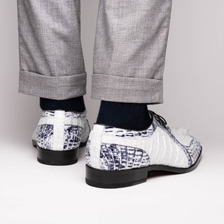 Marco Di Milano Caribe Men's Shoes White & Newspaper Genuine Hornback Caiman Crocodile Derby (MDM1118)-AmbrogioShoes
