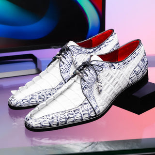 Marco Di Milano Caribe Men's Shoes White & Newspaper Genuine Hornback Caiman Crocodile Derby (MDM1118)-AmbrogioShoes