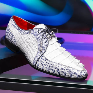 Marco Di Milano Caribe Men's Shoes White & Newspaper Genuine Hornback Caiman Crocodile Derby (MDM1118)-AmbrogioShoes