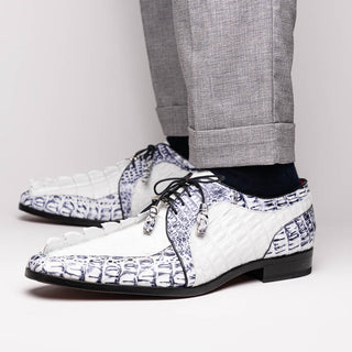 Marco Di Milano Caribe Men's Shoes White & Newspaper Genuine Hornback Caiman Crocodile Derby (MDM1118)-AmbrogioShoes