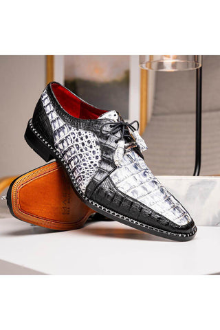 Marco Di Milano Caribe Newspaper & Black Genuine Hornback Caiman Crocodile Derby (MDM1118)-AmbrogioShoes