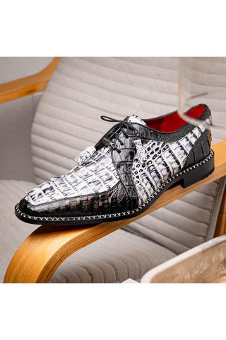 Marco Di Milano Caribe Newspaper & Black Genuine Hornback Caiman Crocodile Derby (MDM1118)-AmbrogioShoes