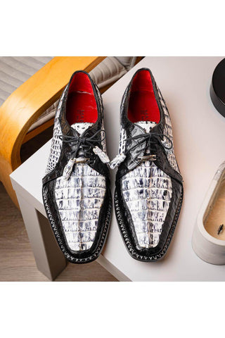 Marco Di Milano Caribe Newspaper & Black Genuine Hornback Caiman Crocodile Derby (MDM1118)-AmbrogioShoes