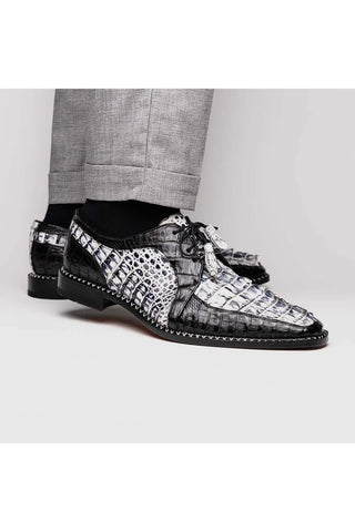 Marco Di Milano Caribe Newspaper & Black Genuine Hornback Caiman Crocodile Derby (MDM1118)-AmbrogioShoes