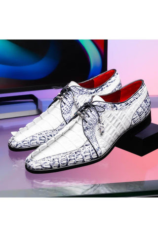 Marco Di Milano Caribe White & Newspaper Genuine Hornback Caiman Crocodile Derby (MDM1118)-AmbrogioShoes