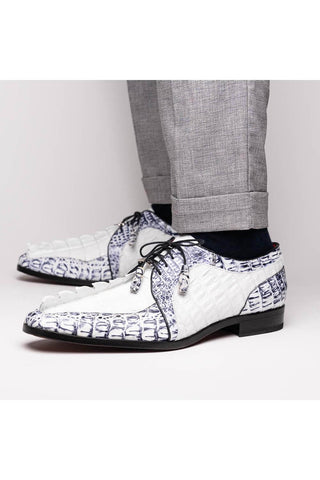 Marco Di Milano Caribe White & Newspaper Genuine Hornback Caiman Crocodile Derby (MDM1118)-AmbrogioShoes