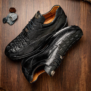 Marco Di Milano Crater Men's Shoes Black Exotic Crocodile / Lizard Derby Sneakers (MDM1190)-AmbrogioShoes