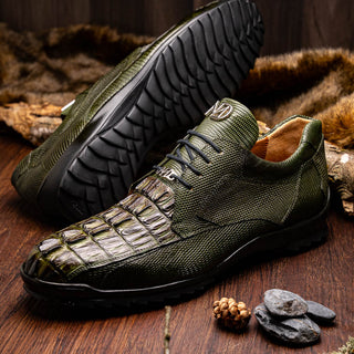 Marco Di Milano Crater Men's Shoes Olive Exotic Crocodile / Lizard Derby Sneakers (MDM1190)-AmbrogioShoes