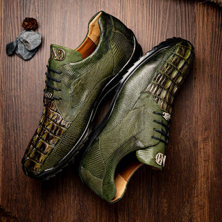 Marco Di Milano Crater Men's Shoes Olive Exotic Crocodile / Lizard Derby Sneakers (MDM1190)-AmbrogioShoes