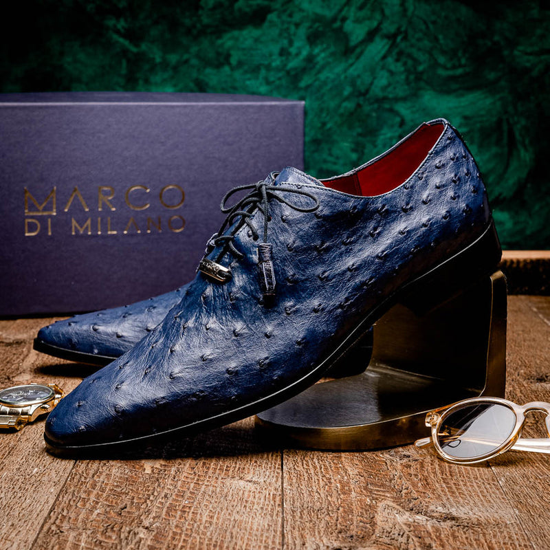 Marco Di Milano Criss Men's Shoes Navy Exotic Ostrich Quill Dress Oxfords (MDM1076)-AmbrogioShoes
