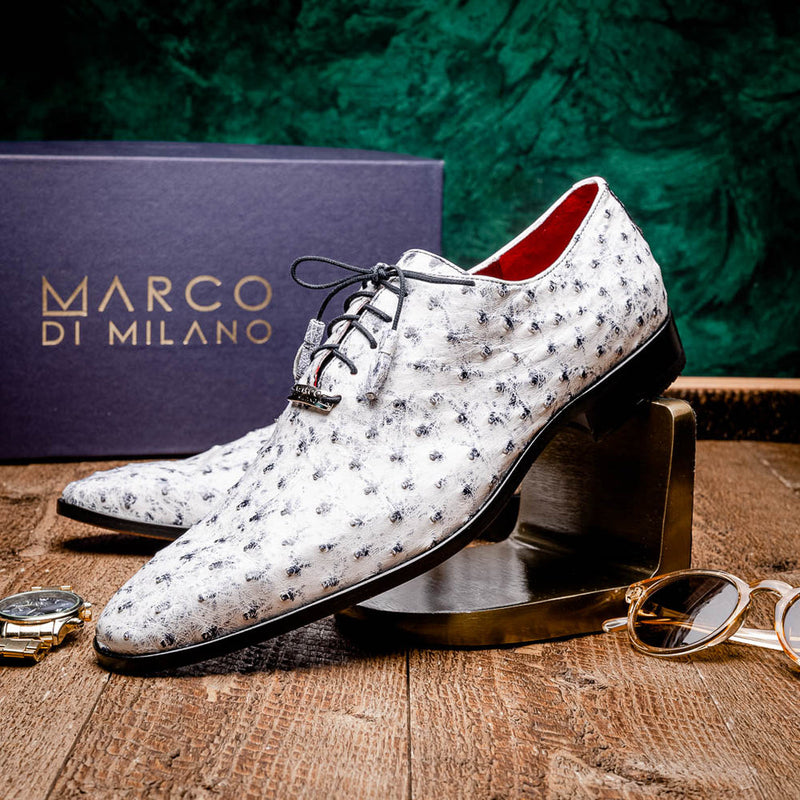 Marco Di Milano Criss Men's Shoes Newspaper White Exotic Ostrich Quill Dress Oxfords (MDM1077)-AmbrogioShoes