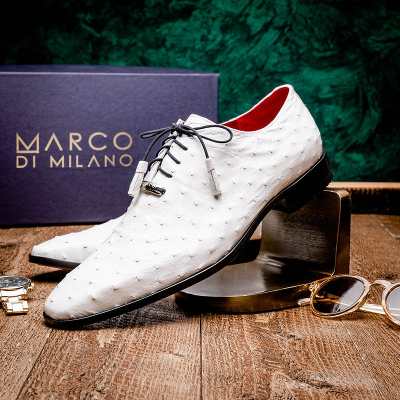 Marco Di Milano Criss Men's Shoes White Exotic Ostrich Quill Dress Oxfords (MDM1073)-AmbrogioShoes