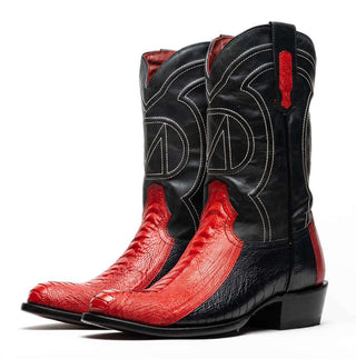 Marco Di Milano Denver Men's Shoes Red & Black Exotic Ostrich Skin Cowboy Boot (MDM1220)-AmbrogioShoes