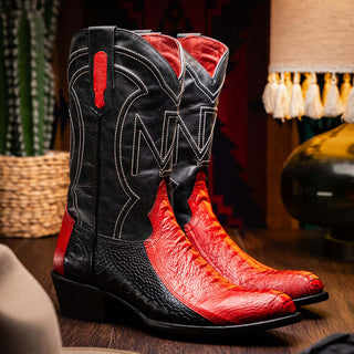 Marco Di Milano Denver Men's Shoes Red & Black Exotic Ostrich Skin Cowboy Boot (MDM1220)-AmbrogioShoes