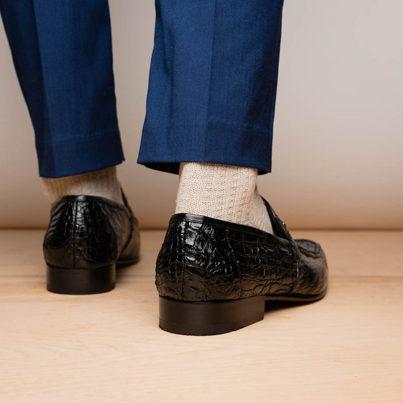 Marco Di Milano Fabro Men's Shoes Black Exotic Crocodile Horsebit Loafers (MDM1024)-AmbrogioShoes