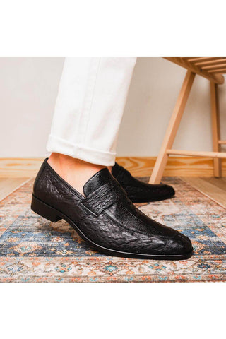 Marco Di Milano Fangio Black Genuine Ostrich Leg / Ostrich Quill Penny Loafers (MDM1112)-AmbrogioShoes