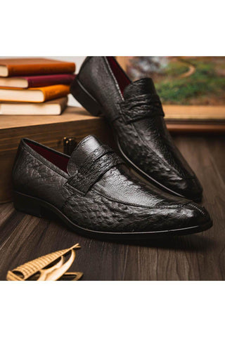 Marco Di Milano Fangio Black Genuine Ostrich Leg / Ostrich Quill Penny Loafers (MDM1112)-AmbrogioShoes