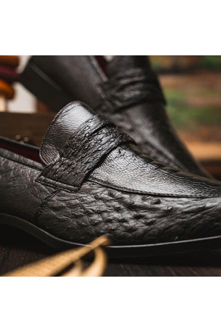 Marco Di Milano Fangio Black Genuine Ostrich Leg / Ostrich Quill Penny Loafers (MDM1112)-AmbrogioShoes