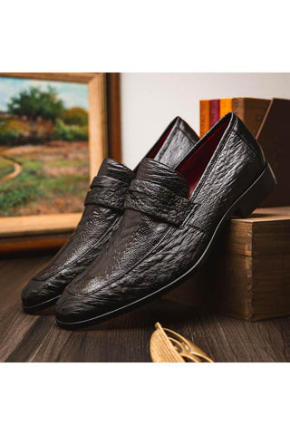 Marco Di Milano Fangio Black Genuine Ostrich Leg / Ostrich Quill Penny Loafers (MDM1112)-AmbrogioShoes