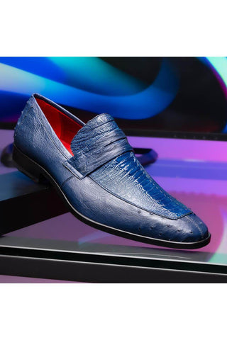 Marco Di Milano Fangio Blue Genuine Ostrich Leg / Ostrich Quill Penny Loafers (MDM1112)-AmbrogioShoes