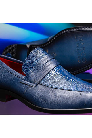 Marco Di Milano Fangio Blue Genuine Ostrich Leg / Ostrich Quill Penny Loafers (MDM1112)-AmbrogioShoes