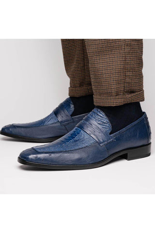 Marco Di Milano Fangio Blue Genuine Ostrich Leg / Ostrich Quill Penny Loafers (MDM1112)-AmbrogioShoes