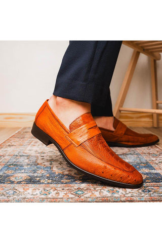 Marco Di Milano Fangio Cognac Genuine Ostrich Leg / Ostrich Quill Penny Loafers (MDM1112)-AmbrogioShoes