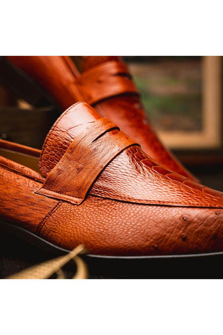 Marco Di Milano Fangio Cognac Genuine Ostrich Leg / Ostrich Quill Penny Loafers (MDM1112)-AmbrogioShoes