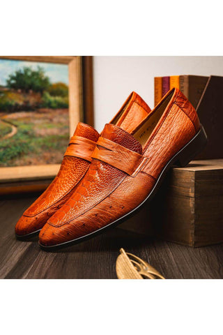 Marco Di Milano Fangio Cognac Genuine Ostrich Leg / Ostrich Quill Penny Loafers (MDM1112)-AmbrogioShoes