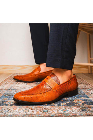Marco Di Milano Fangio Cognac Genuine Ostrich Leg / Ostrich Quill Penny Loafers (MDM1112)-AmbrogioShoes