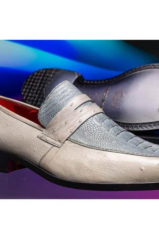 Marco Di Milano Fangio Gray Genuine Ostrich Leg / Ostrich Quill Penny Loafers (MDM1112)-AmbrogioShoes