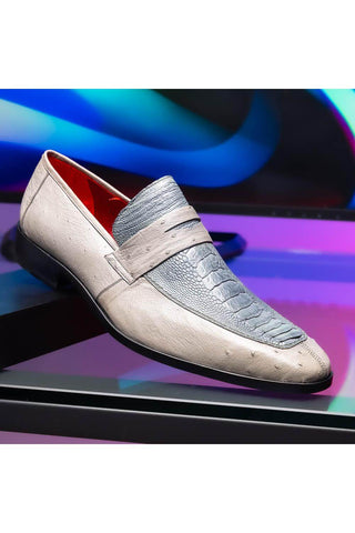 Marco Di Milano Fangio Gray Genuine Ostrich Leg / Ostrich Quill Penny Loafers (MDM1112)-AmbrogioShoes