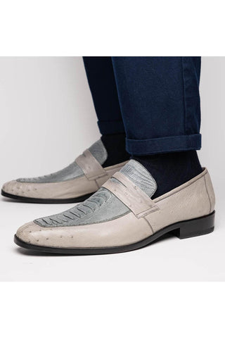 Marco Di Milano Fangio Gray Genuine Ostrich Leg / Ostrich Quill Penny Loafers (MDM1112)-AmbrogioShoes