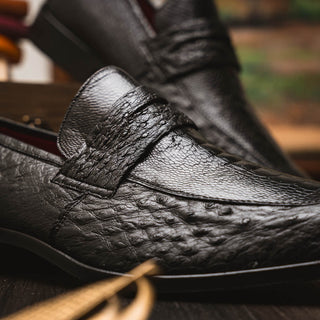 Marco Di Milano Fangio Men's Shoes Black Genuine Ostrich Leg / Ostrich Quill Penny Loafers (MDM1112)-AmbrogioShoes