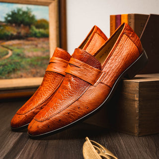 Marco Di Milano Fangio Men's Shoes Cognac Genuine Ostrich Leg / Ostrich Quill Penny Loafers (MDM1112)-AmbrogioShoes