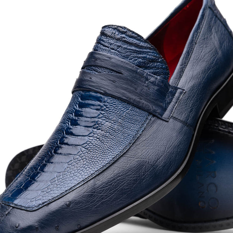 Marco Di Milano Fangio Men's Shoes Denim Blue Genuine Ostrich Leg / Ostrich Quill Penny Loafers (MDM1114)-AmbrogioShoes